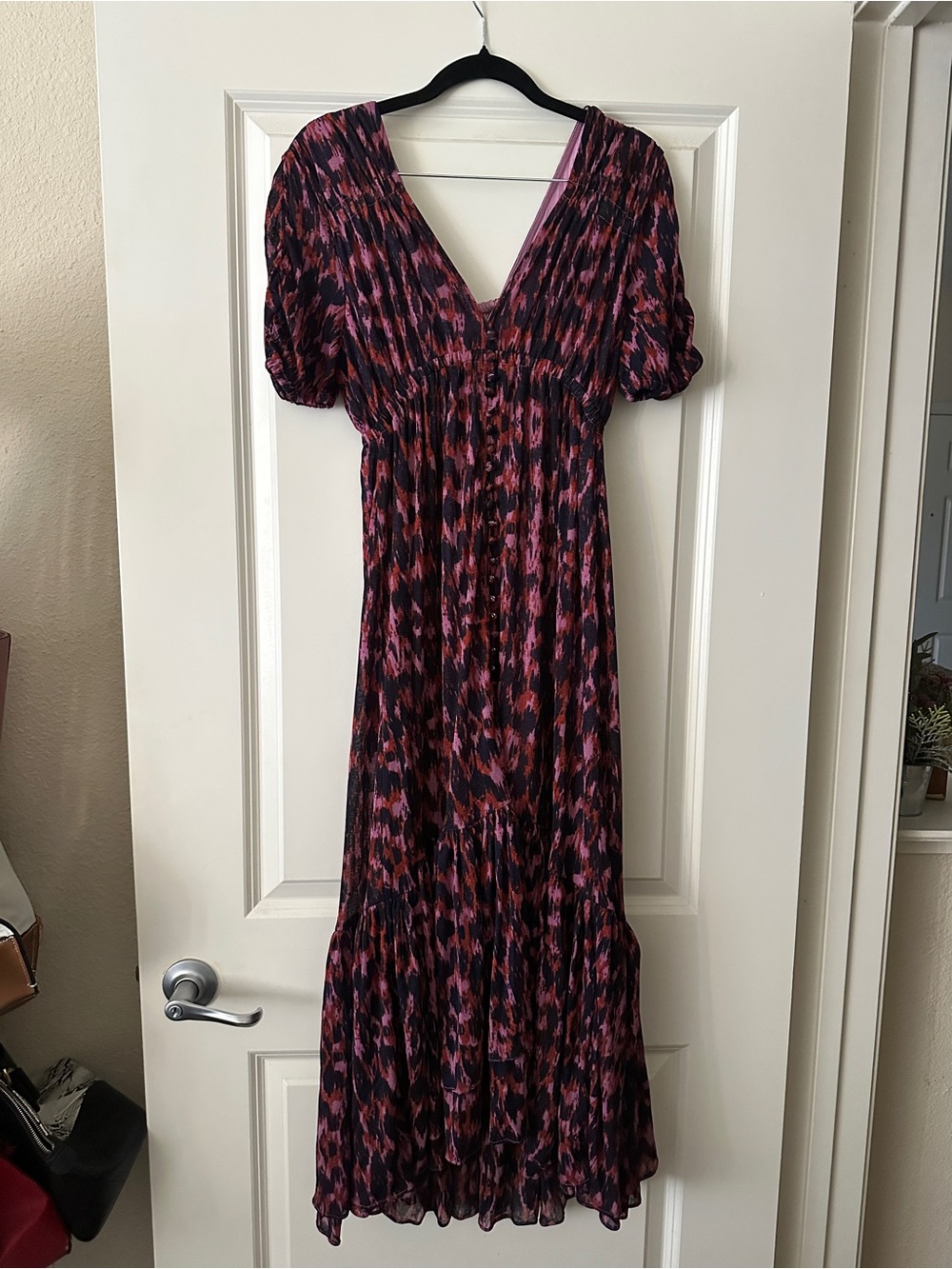 Anthropologie Pink and Black Printed V-Neck Maxi Dress